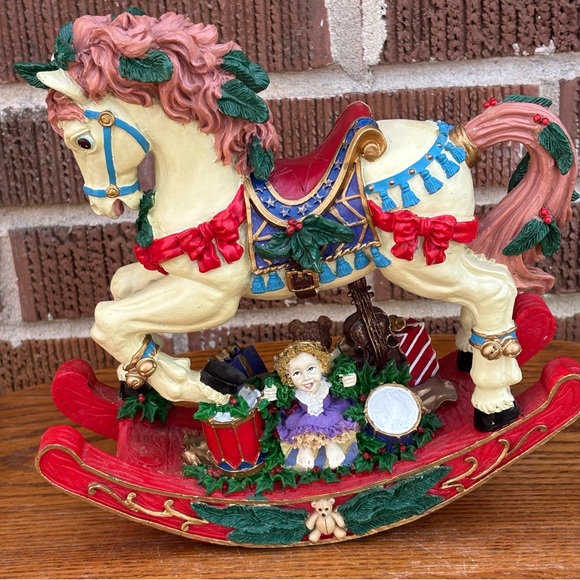Christmas Holiday Resin Rocking Horse with gifts doll Teddy Bear - Picture 5 of 9